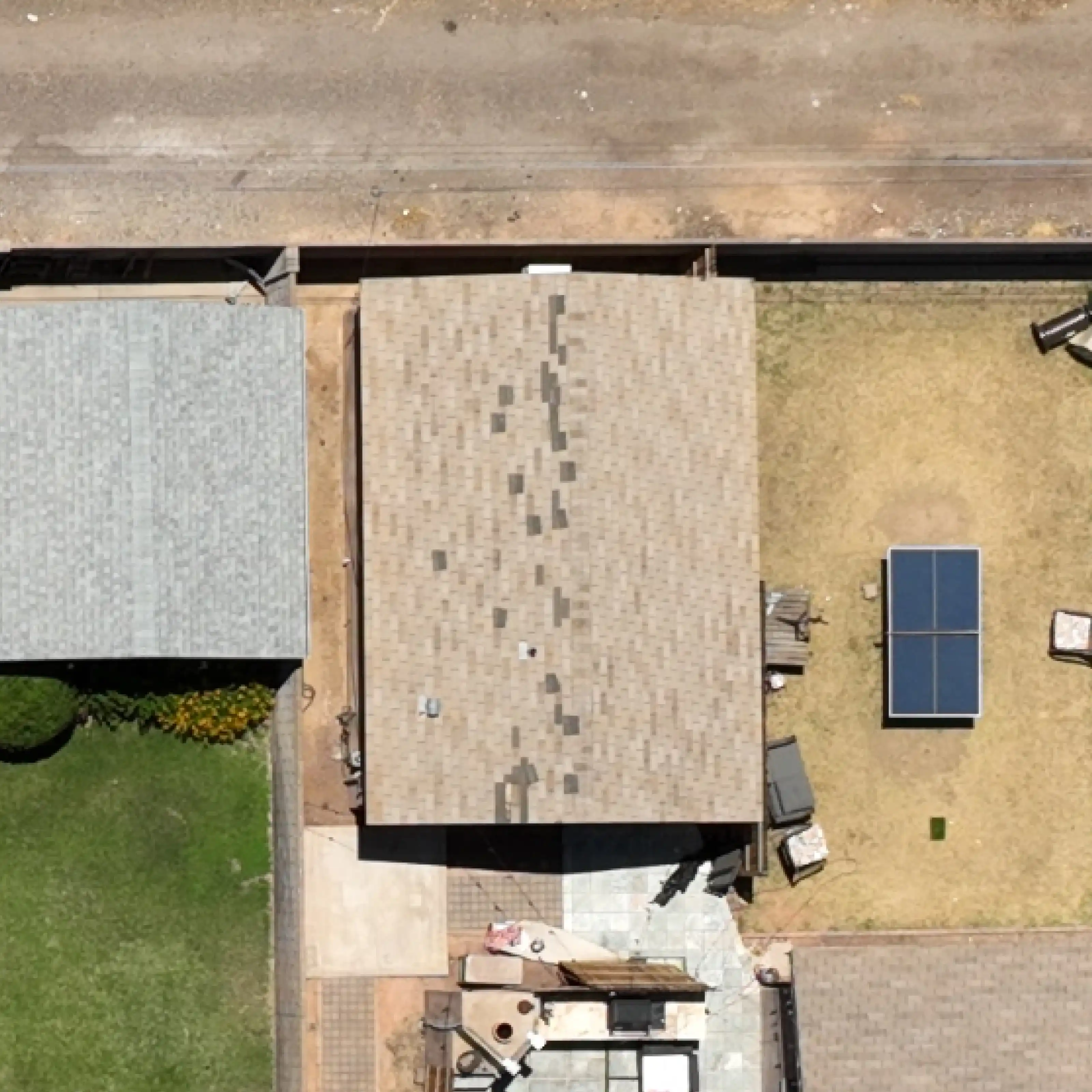 Drone-level roof imagery showing damage detail